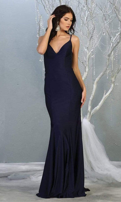 May Queen - MQ1819 Plunging V-neck Sheath Dress With Train Prom Dresses In Blue