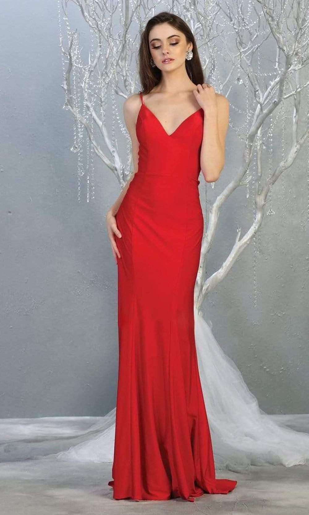 May Queen - MQ1819 Plunging V-neck Sheath Dress With Train Prom Dresses In Red