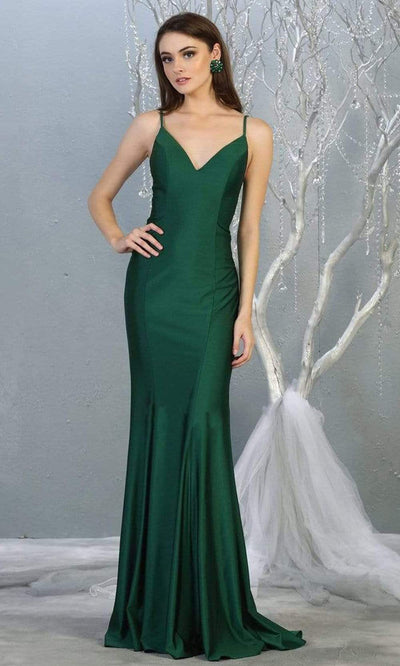 May Queen - MQ1819 Plunging V-neck Sheath Dress With Train Prom Dresses 2 / Hunter-Grn