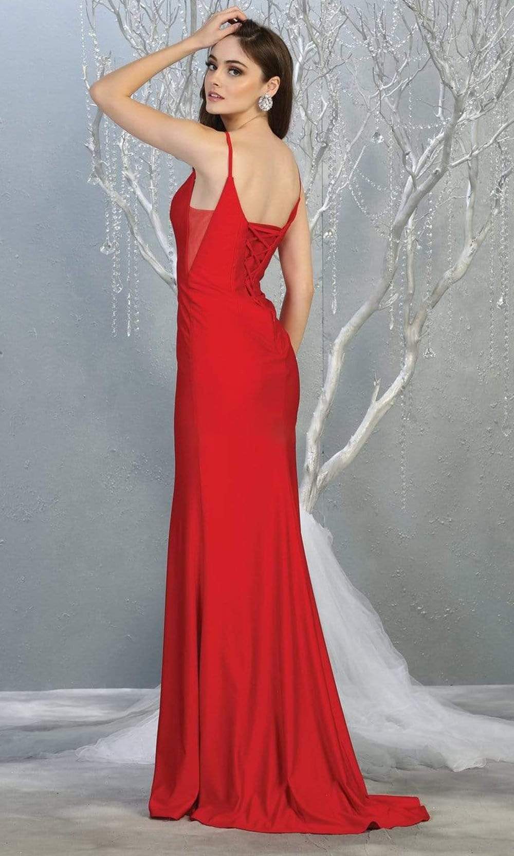 May Queen - MQ1819 Plunging V-neck Sheath Dress With Train Prom Dresses In Red