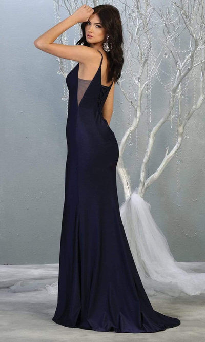 May Queen - MQ1819 Plunging V-neck Sheath Dress With Train Prom Dresses In Blue