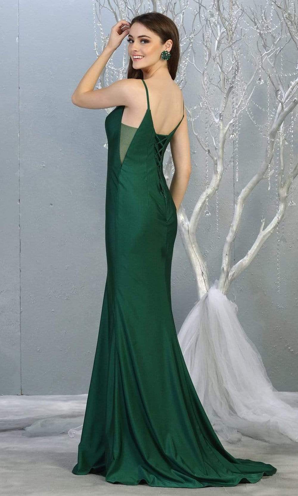 May Queen - MQ1819 Plunging V-neck Sheath Dress With Train Prom Dresses