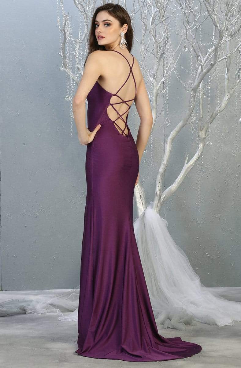 May Queen - MQ1820 Sexy Lace-Up Back Sleeveless V Neck Satin Dress Prom Dresses