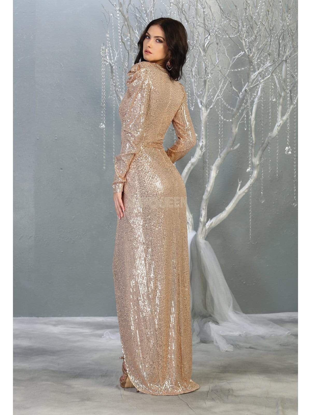 May Queen - MQ1821 Sequin Embellished Gown with Slit Evening Dresses