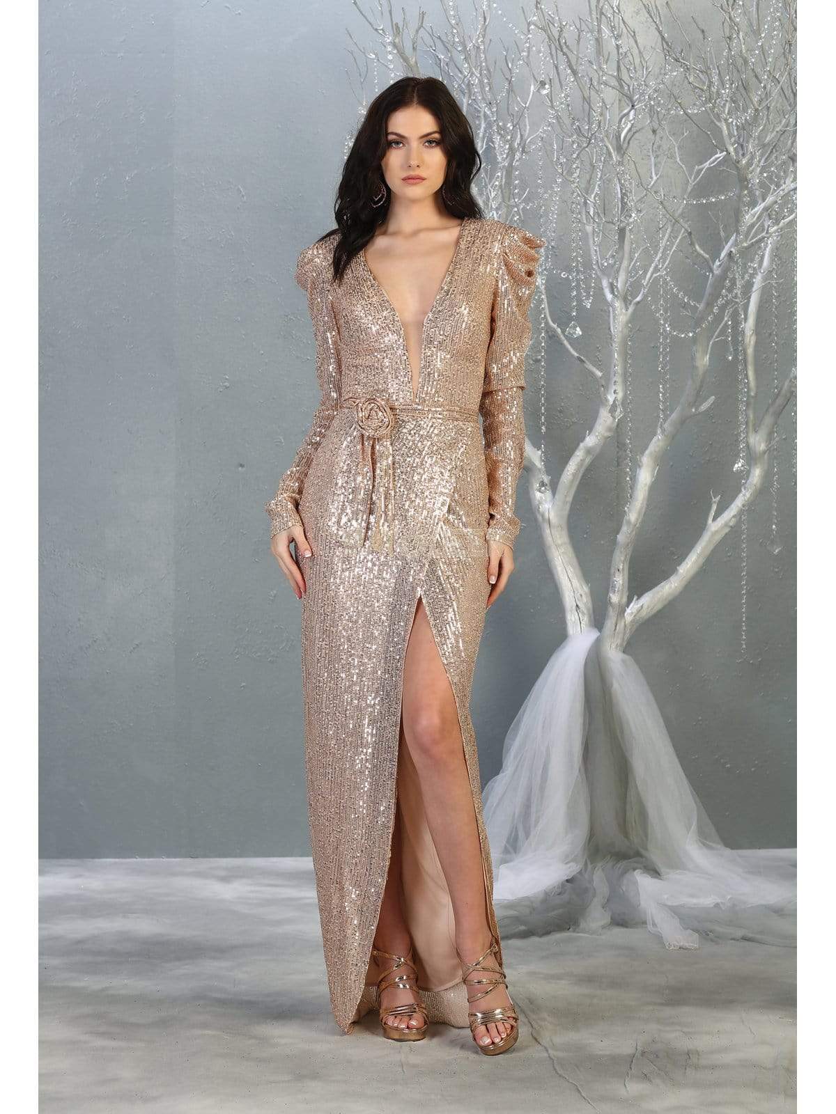 May Queen - MQ1821 Sequin Embellished Gown with Slit Evening Dresses