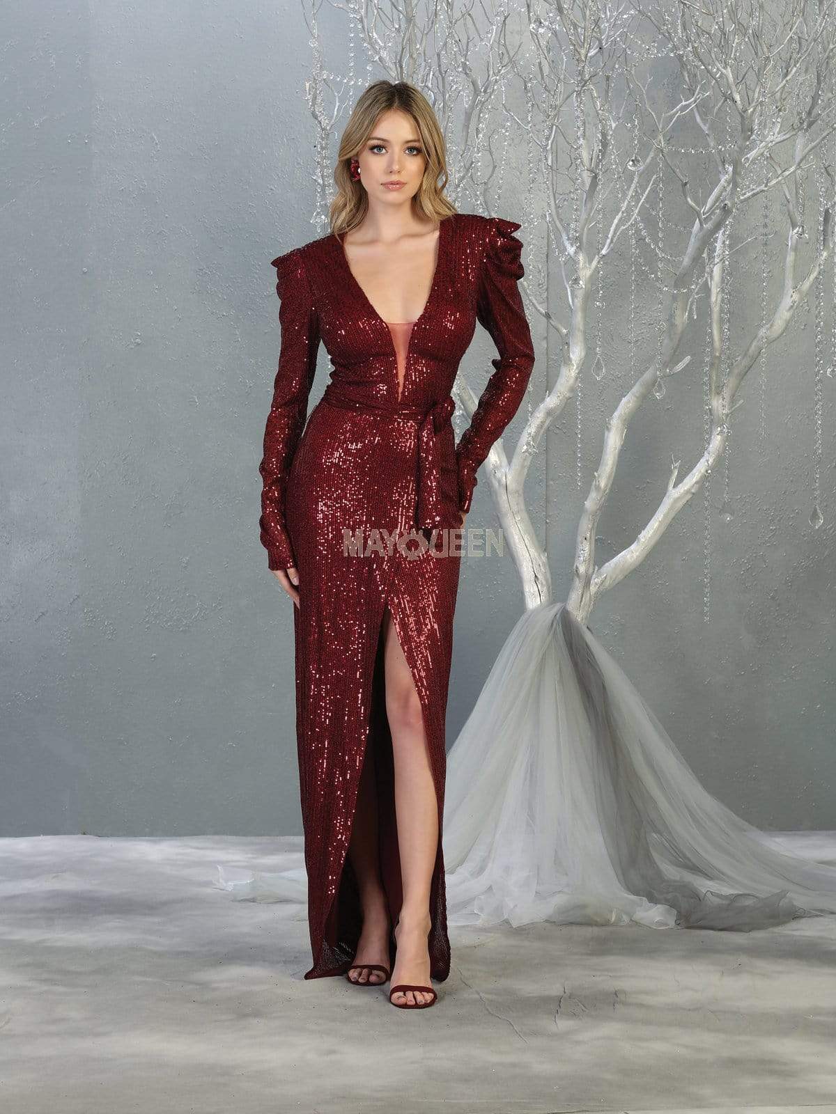 May Queen - MQ1821 Sequin Embellished Gown with Slit Evening Dresses 4 / Burgundy