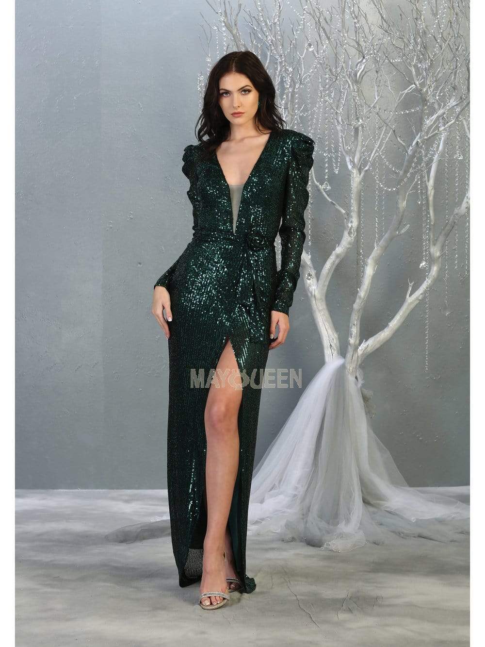 May Queen - MQ1821 Sequin Embellished Gown with Slit Evening Dresses 4 / Hunter-Grn