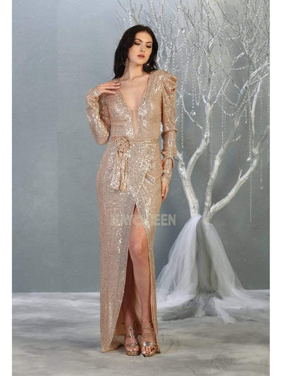 May Queen - MQ1821 Sequin Embellished Gown with Slit Evening Dresses 4 / Rosegold