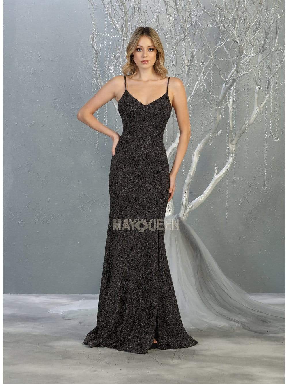 May Queen - MQ1822 Deep V-neck Trumpet Dress With Train Prom Dresses 2 / Black/Multi