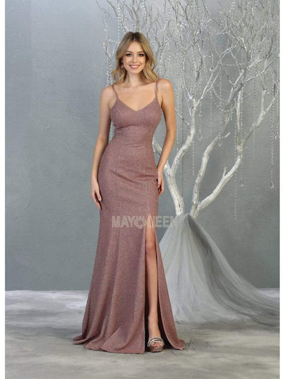 May Queen - MQ1822 Deep V-neck Trumpet Dress With Train Prom Dresses 2 / Rosegold/Multi