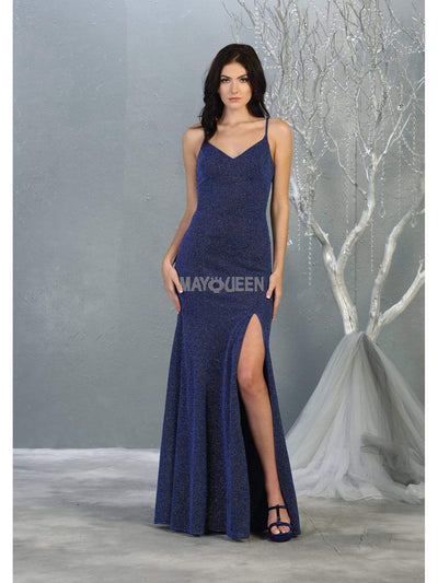 May Queen - MQ1822 Deep V-neck Trumpet Dress With Train Prom Dresses 2 / Royal/Multi