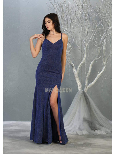 May Queen - MQ1822 Deep V-neck Trumpet Dress With Train Prom Dresses