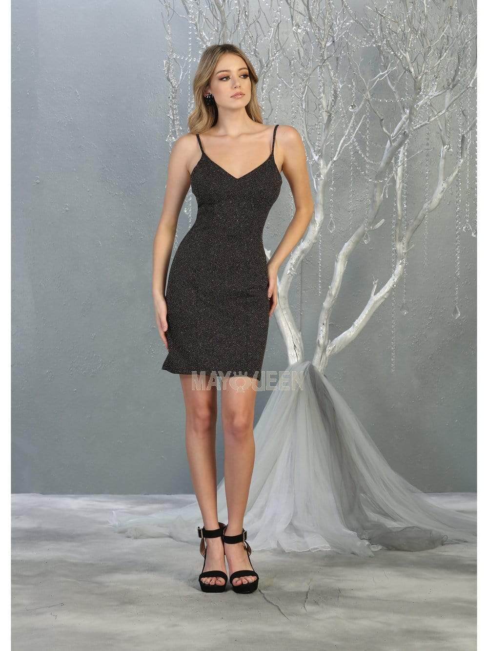 May Queen - MQ1823 Spaghetti Strap V-Neck Glitter Sheath Dress Homecoming Dresses 4 / Black/Multi