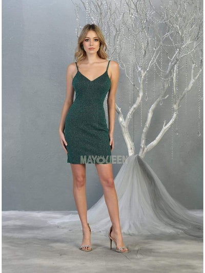 May Queen - MQ1823 Spaghetti Strap V-Neck Glitter Sheath Dress Homecoming Dresses 4 / Hunter Green/Multi