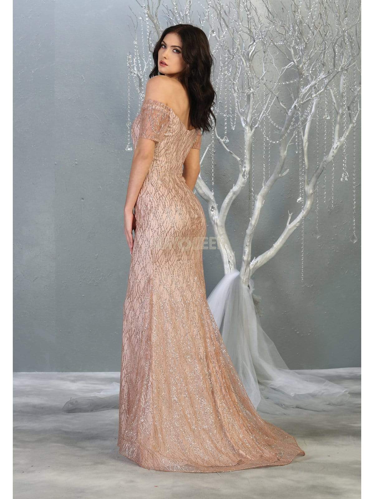 May Queen - MQ1824 Glitter Embellished Off-Shoulder Sheath Dress Evening Dresses