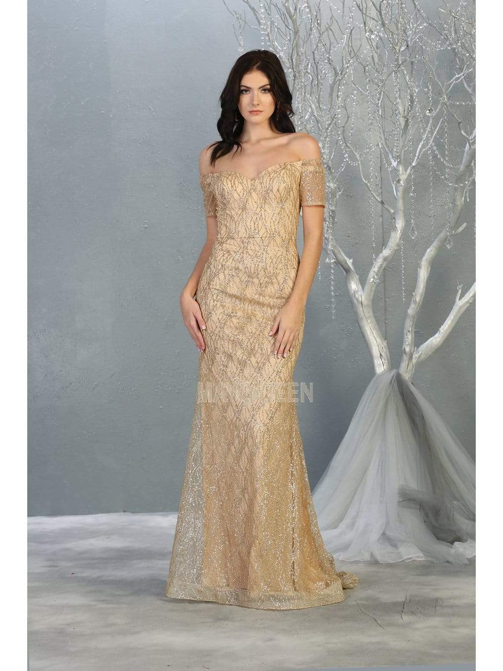 May Queen - MQ1824 Glitter Embellished Off-Shoulder Sheath Dress Evening Dresses 4 / Champagne/Gold