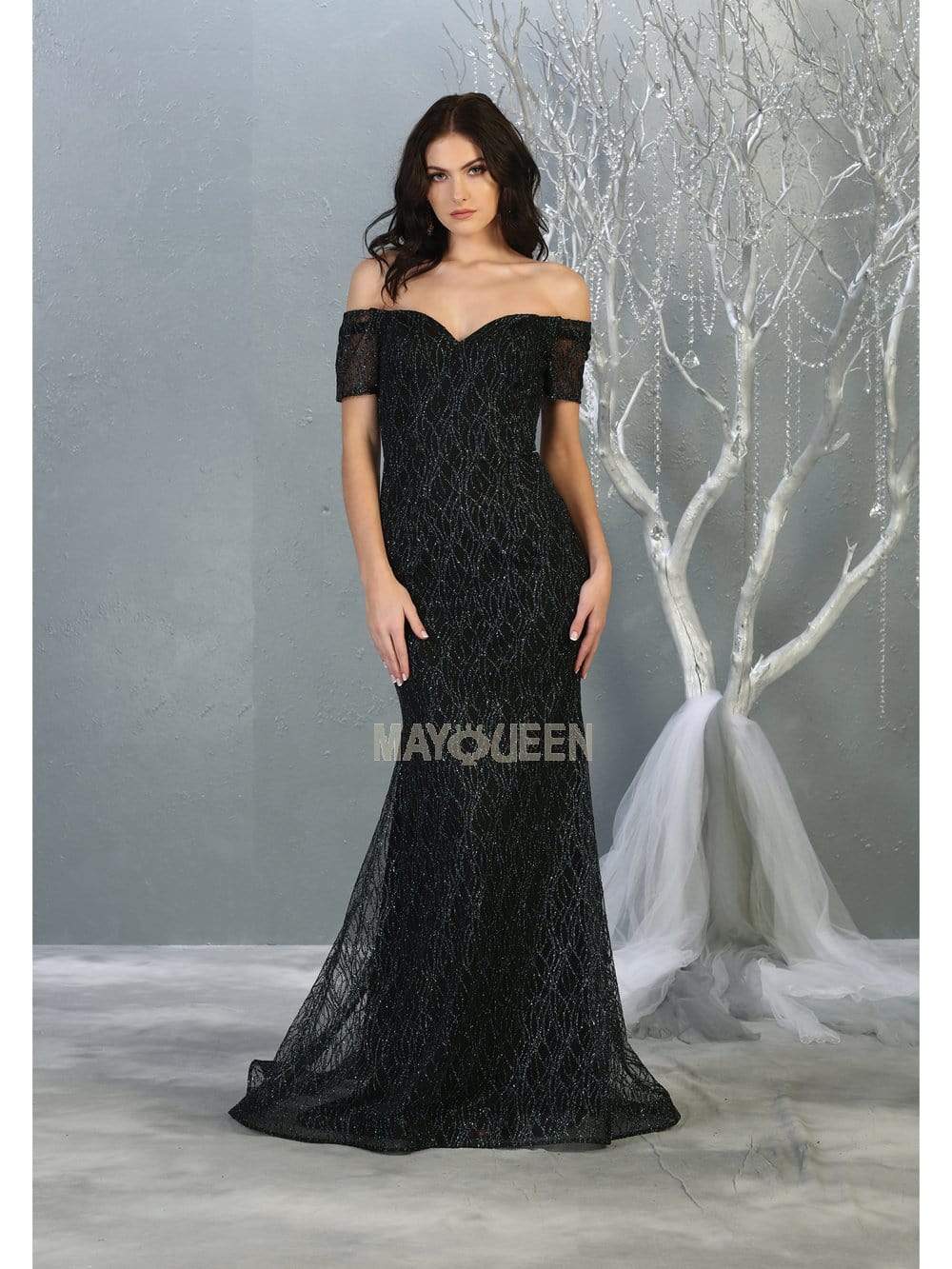 May Queen - MQ1824 Glitter Embellished Off-Shoulder Sheath Dress Evening Dresses 4 / Hunter-Grn