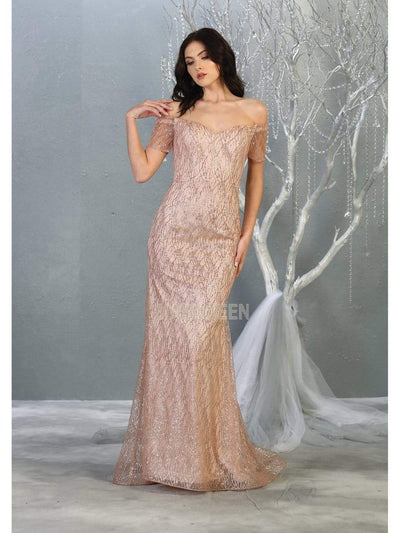 May Queen - MQ1824 Glitter Embellished Off-Shoulder Sheath Dress Evening Dresses 4 / Rosegold