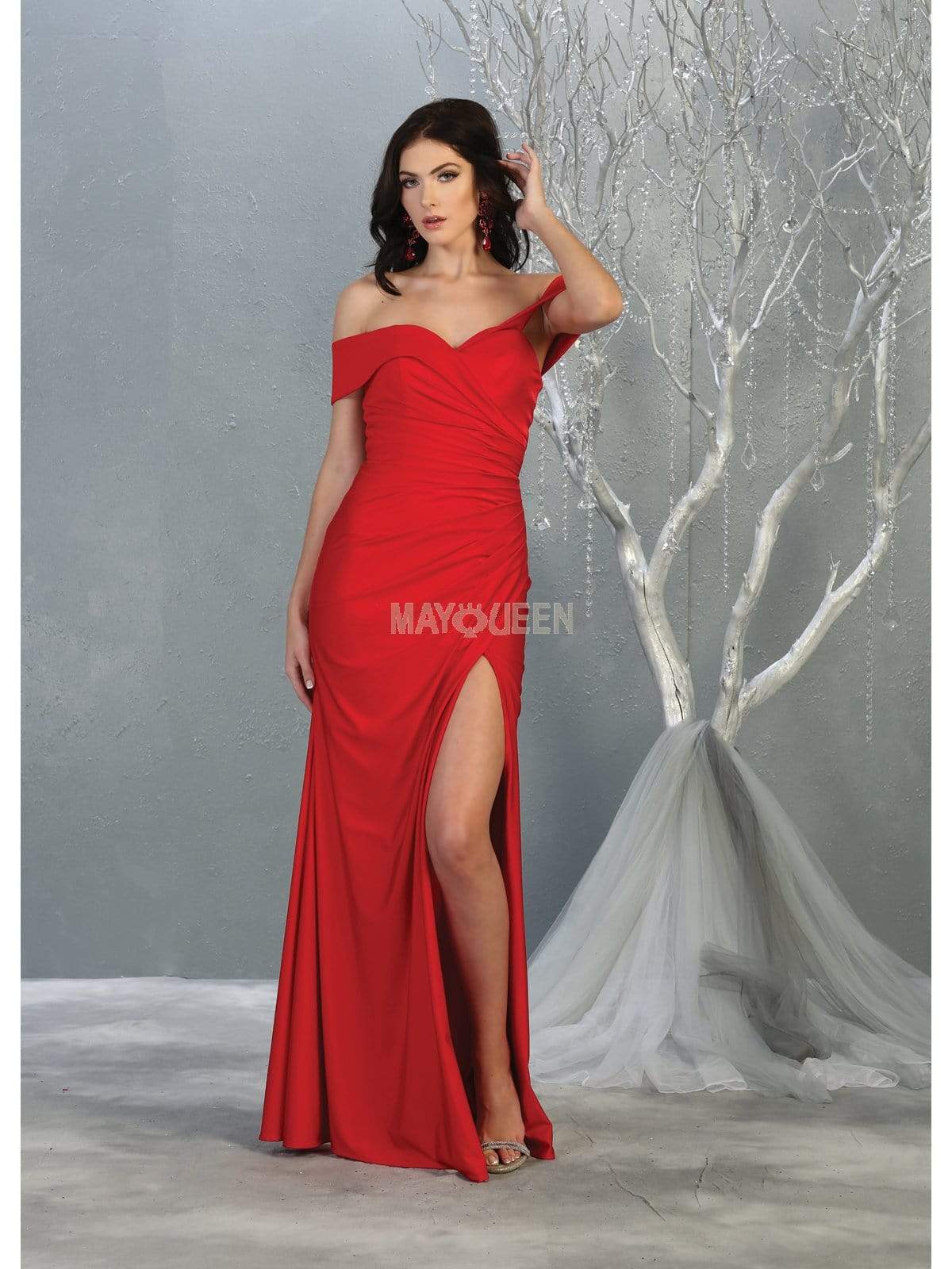 May Queen - MQ1825 Off-Shoulder Ruched Sheath Dress Evening Dresses