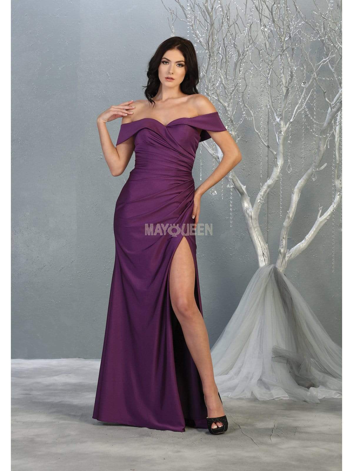 May Queen - MQ1825 Off-Shoulder Ruched Sheath Dress Evening Dresses