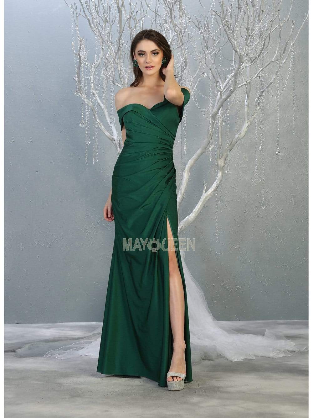 May Queen - MQ1825 Off-Shoulder Ruched Sheath Dress Evening Dresses 4 / Hunter-Grn