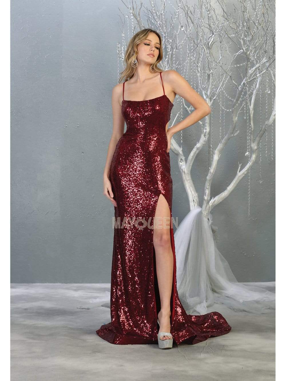 May Queen - MQ1826 Sequined Lace Up Back High Slit Gown Pageant Dresses 2 / Burgundy