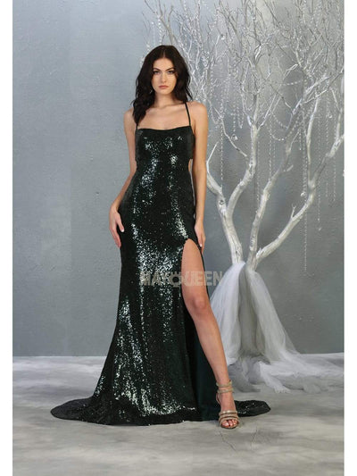 May Queen - MQ1826 Sequined Lace Up Back High Slit Gown Pageant Dresses 2 / Hunter Green
