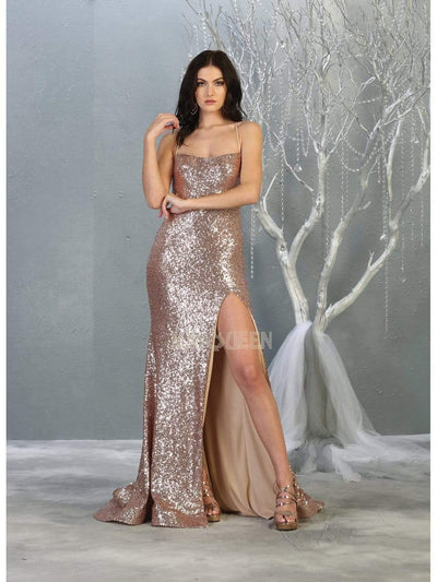 May Queen - MQ1826 Sequined Lace Up Back High Slit Gown Pageant Dresses 2 / Rose Gold