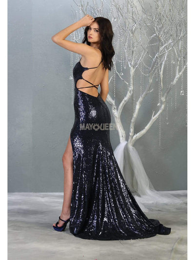 May Queen - MQ1826 Sequined Lace Up Back High Slit Gown Pageant Dresses
