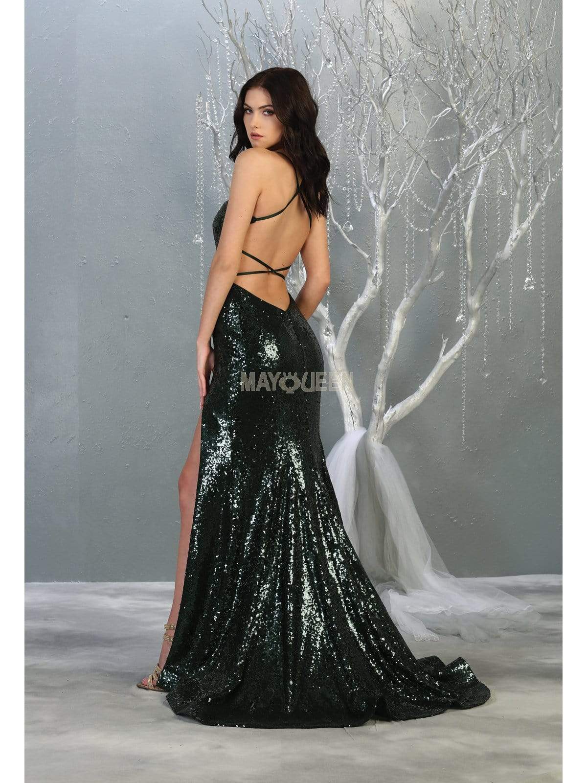 May Queen - MQ1826 Sequined Lace Up Back High Slit Gown Pageant Dresses
