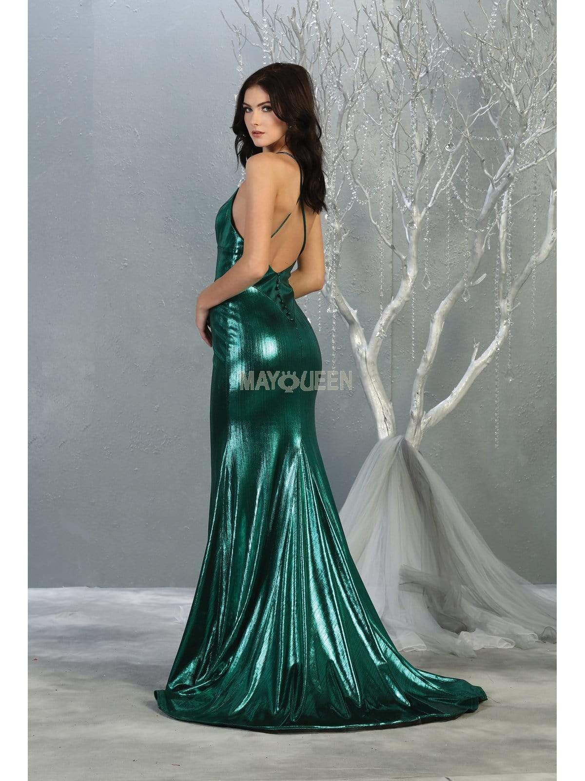 May Queen - MQ1827 Spaghetti Strap Metallic Sheath Gown Pageant Dresses