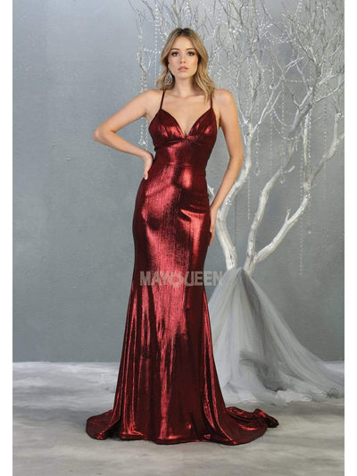 May Queen - MQ1827 Spaghetti Strap Metallic Sheath Gown Pageant Dresses 2 / Burgundy