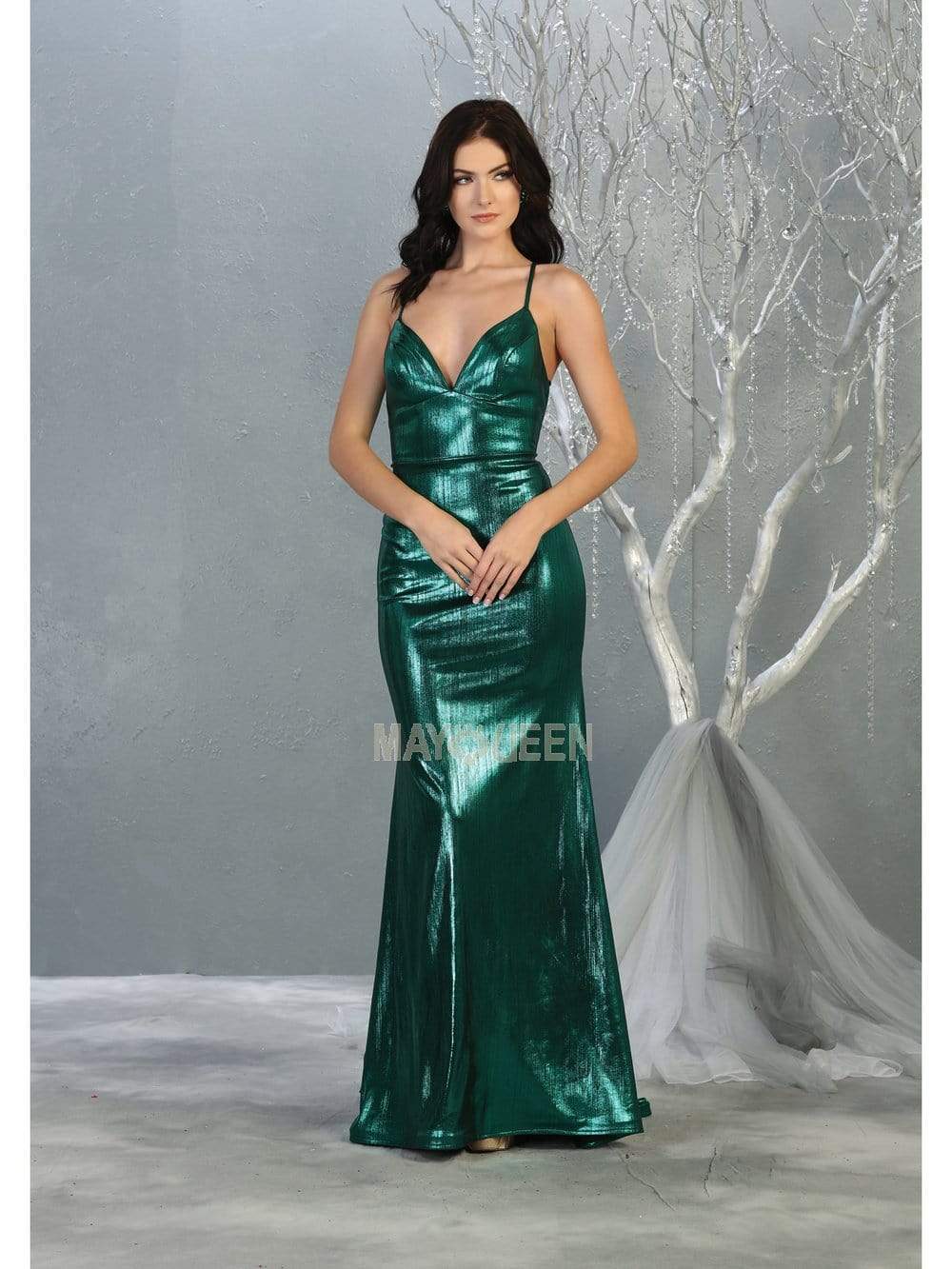 May Queen - MQ1827 Spaghetti Strap Metallic Sheath Gown Pageant Dresses 2 / Hunter Green