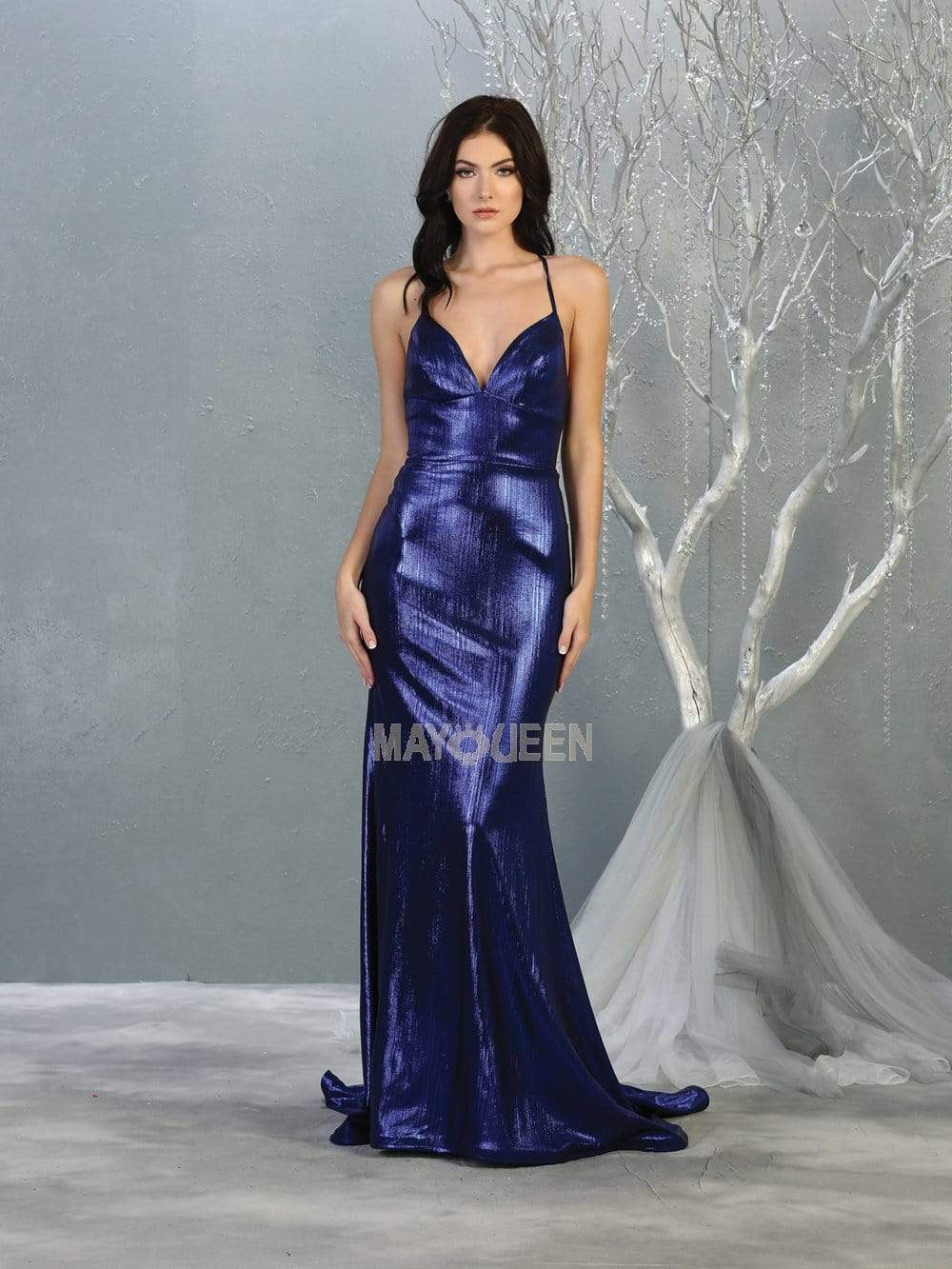 May Queen - MQ1827 Spaghetti Strap Metallic Sheath Gown Pageant Dresses 2 / Navy