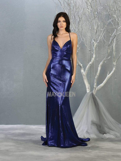 May Queen - MQ1827 Spaghetti Strap Metallic Sheath Gown Pageant Dresses 2 / Navy