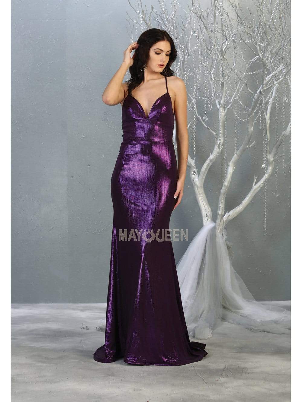 May Queen - MQ1827 Spaghetti Strap Metallic Sheath Gown Pageant Dresses 2 / Purple