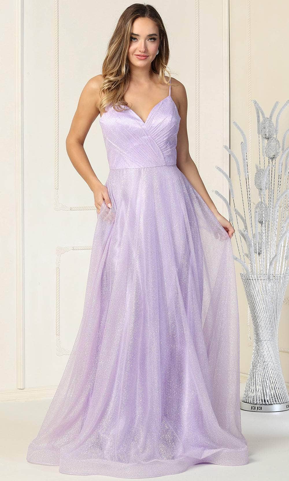 May Queen MQ1838 - Sleeveless Glittered Tulle Surplice Evening Gown Special Occasion Dress 4 / Lilac