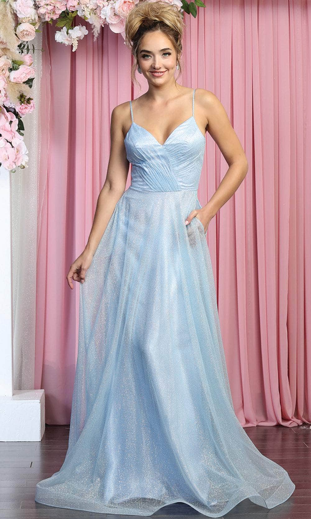 May Queen MQ1838 - Sleeveless Glittered Tulle Surplice Evening Gown Special Occasion Dress 4 / Sky-Blue
