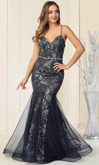 May Queen MQ1842 - Floral Beaded Plunging V-Neck Mermaid Gown Special Occasion Dress 4 / Navy