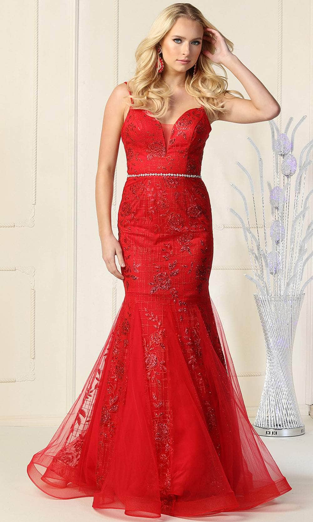May Queen MQ1842 - Floral Beaded Plunging V-Neck Mermaid Gown Special Occasion Dress 4 / Red