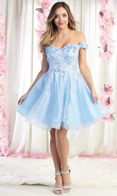 May Queen MQ1854 - Floral Applique Cocktail Dress Cocktail Dresses 2 / Baby Blue