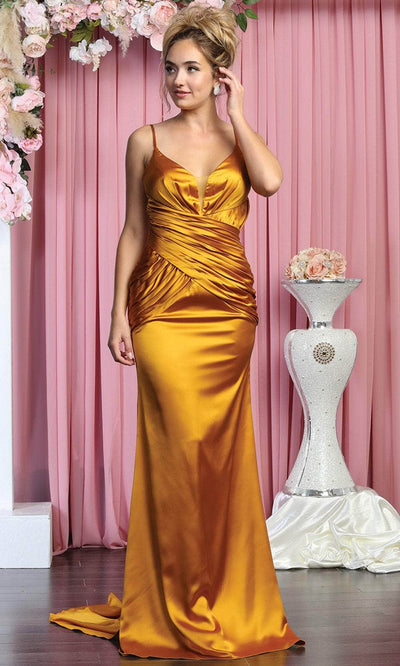 May Queen MQ1856 - Shiny Satin Shirred Bodice Evening Gown Special Occasion Dress