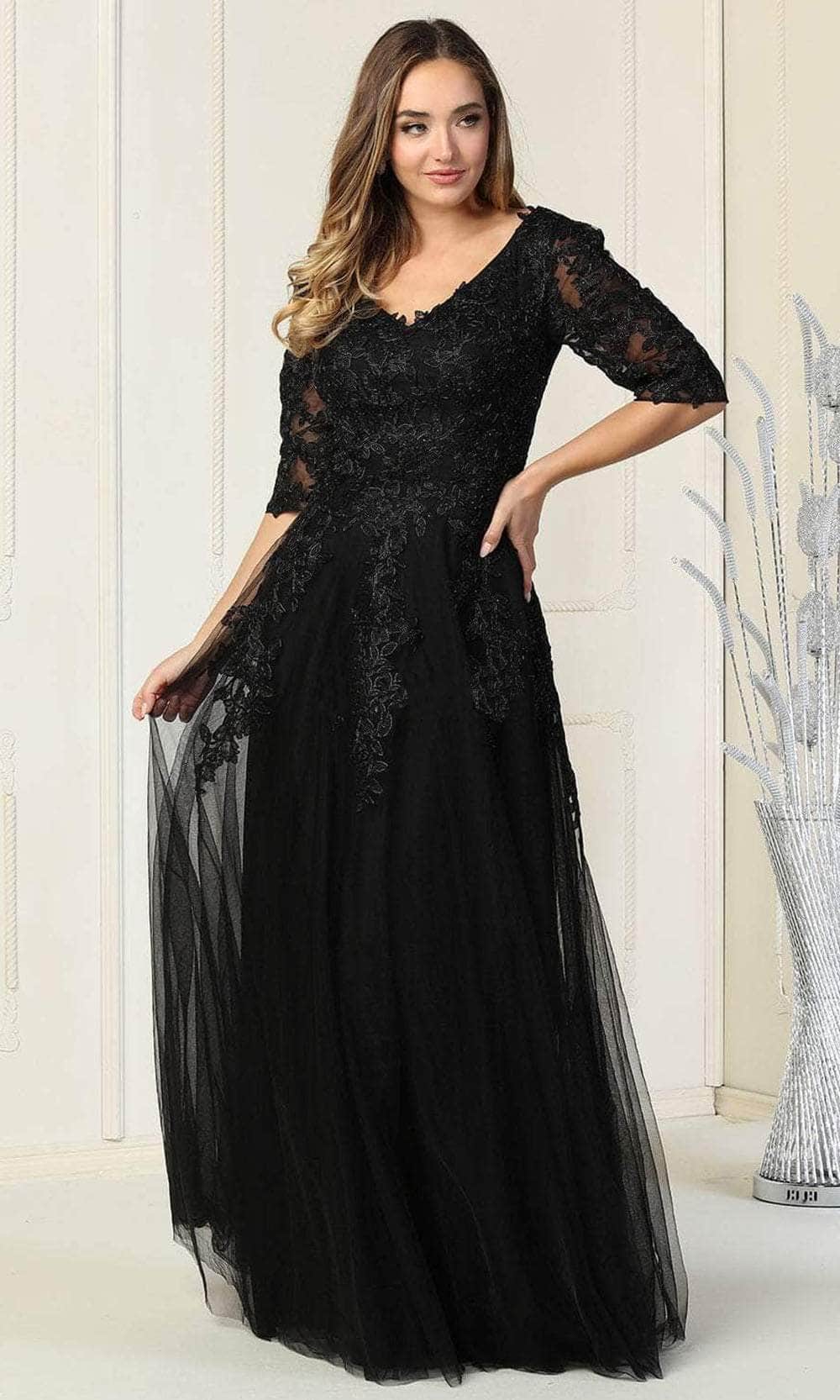 May Queen MQ1859 - Elbow Sleeve Lace Formal Gown Evening Dresses M / Black