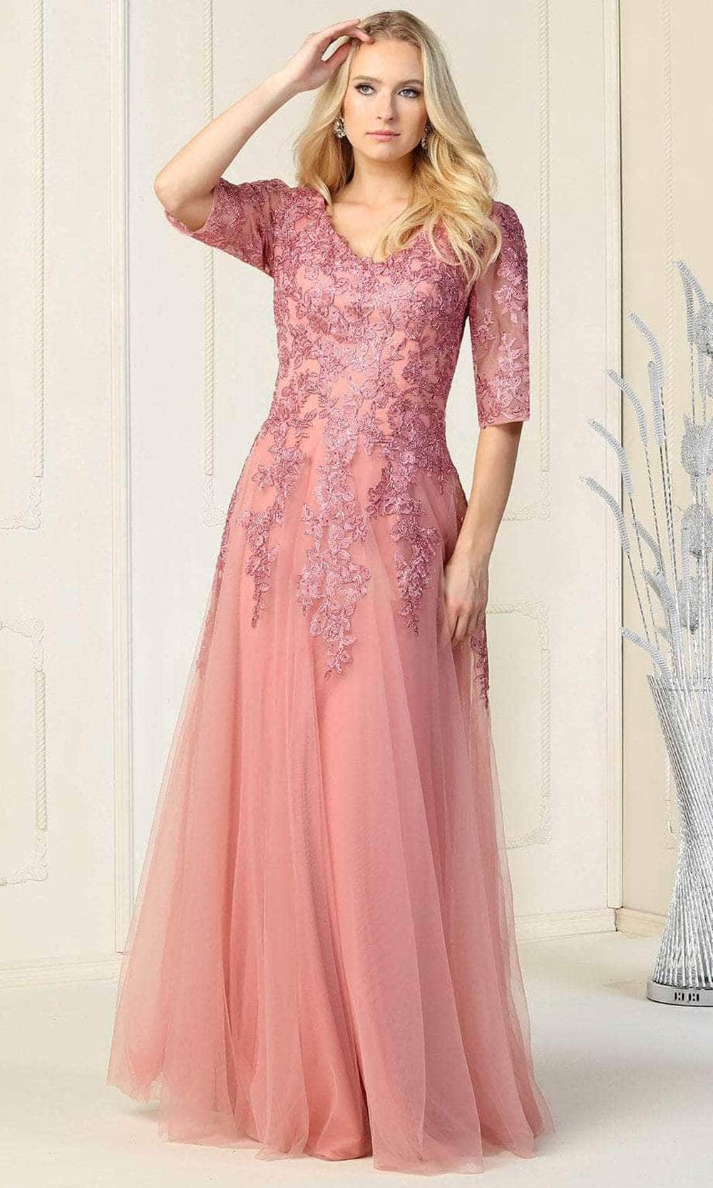 May Queen MQ1859 - Elbow Sleeve Lace Formal Gown Evening Dresses M / Dustyrose