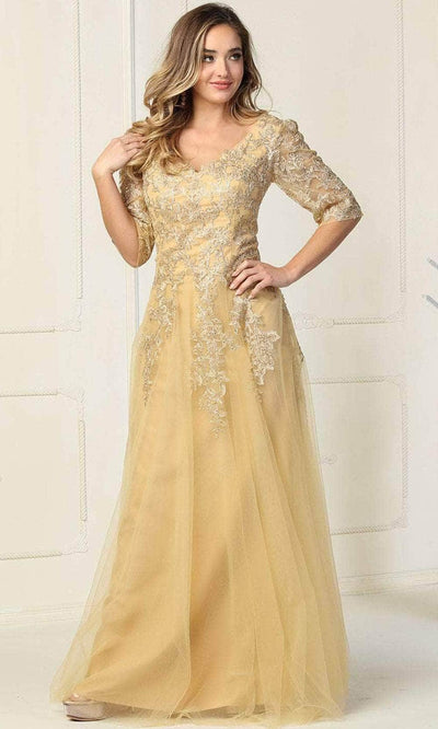 May Queen MQ1859 - Elbow Sleeve Lace Formal Gown Evening Dresses M / Gold
