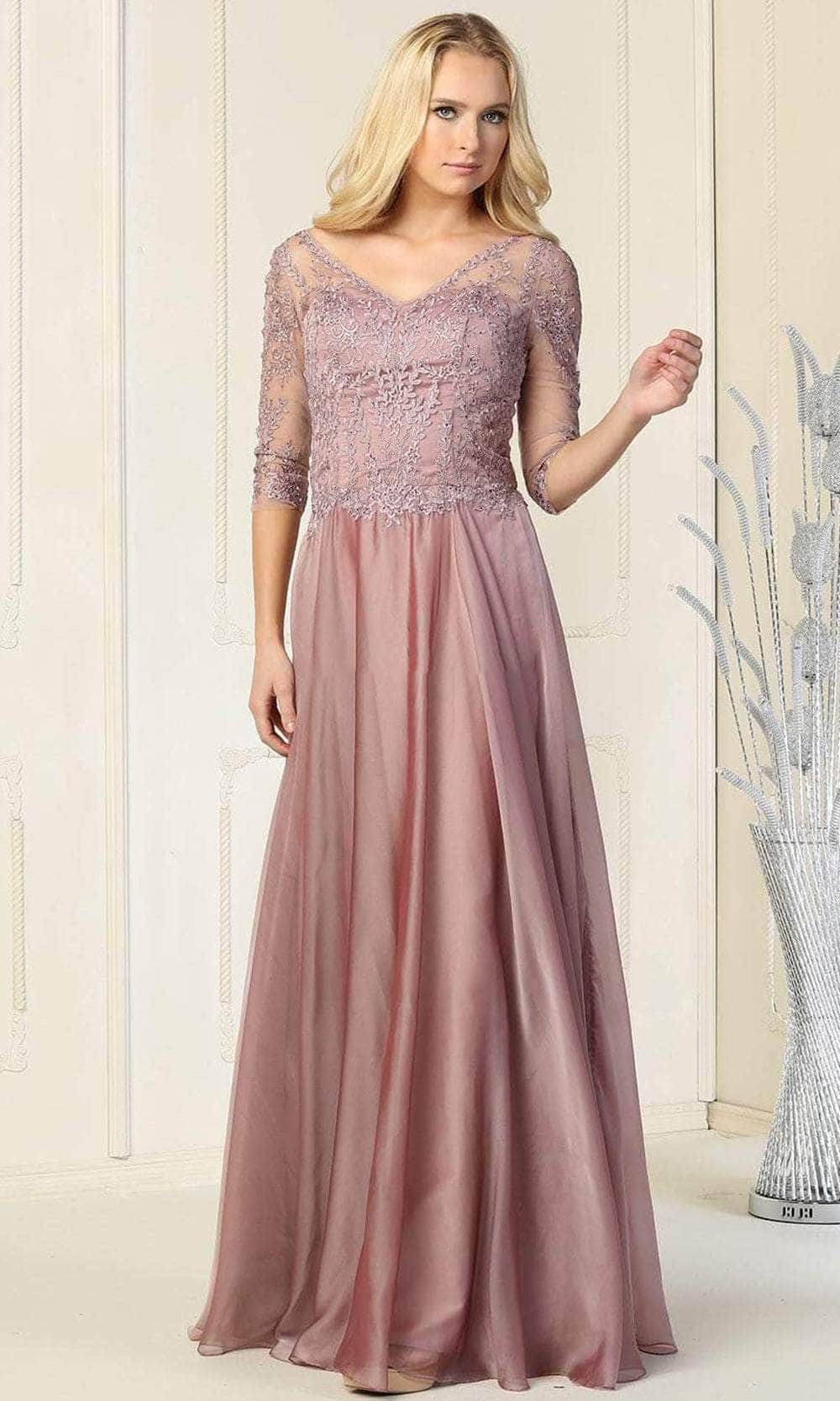 May Queen MQ1860 - Quarter Sleeve A-Line Long Dress Prom Dresses S / Mauve