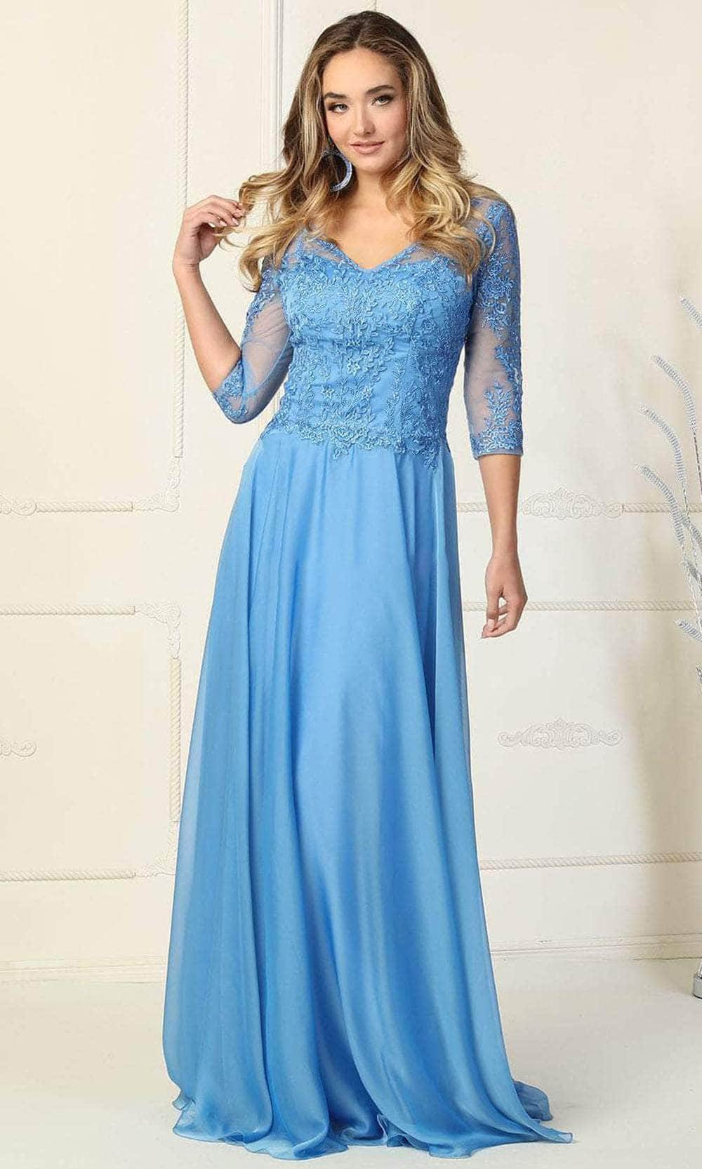 May Queen MQ1860 - Quarter Sleeve A-Line Long Dress Prom Dresses S / Perry Blue