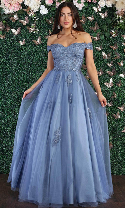 May Queen MQ1866 - Floral Embellishments Off Shoulder Ball gown Special Occasion Dress In Blue