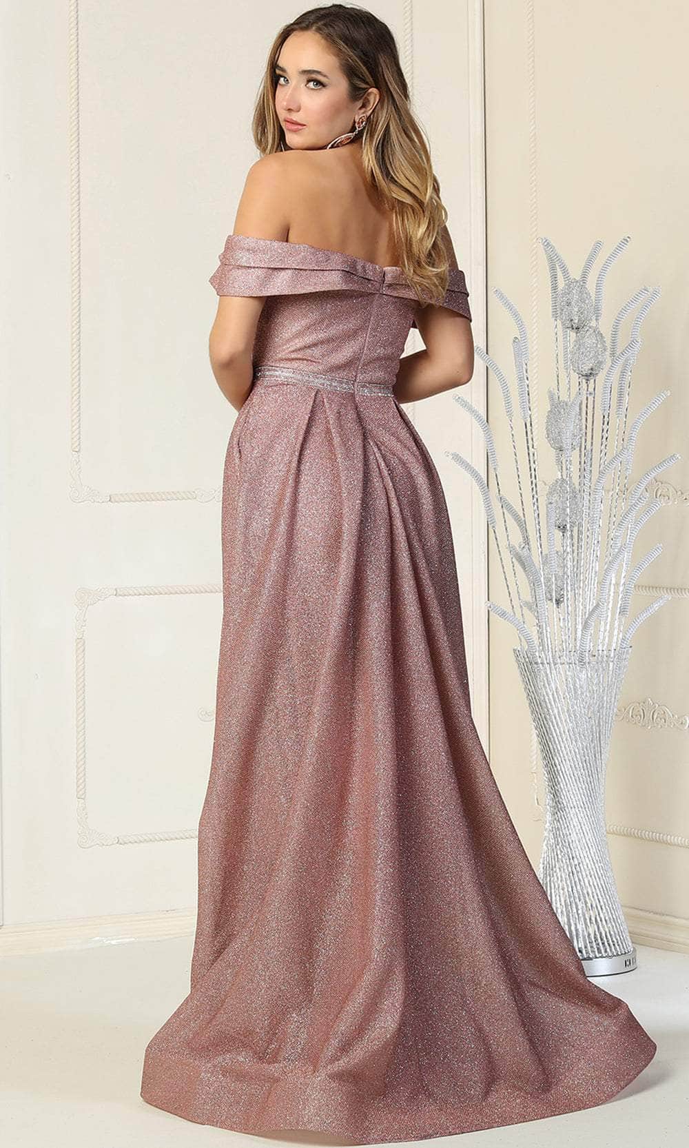 May Queen MQ1868 - Pleated Off Shoulder Sleeves Evening Gown Special Occasion Dress