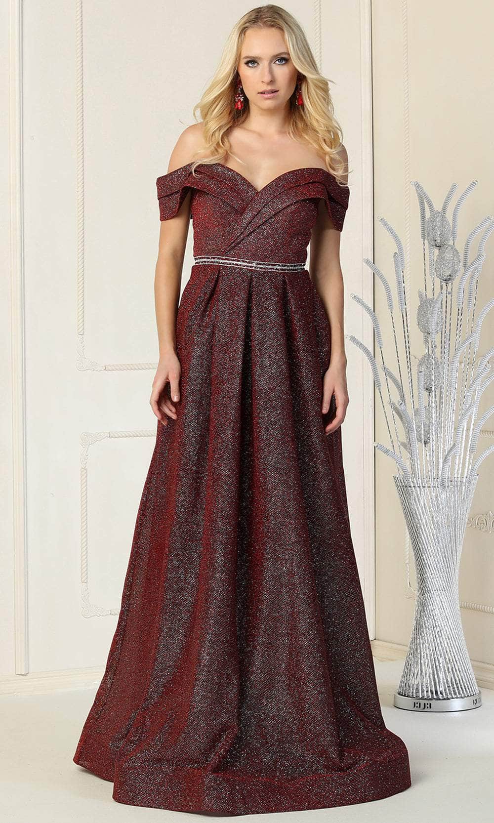 May Queen MQ1868 - Pleated Off Shoulder Sleeves Evening Gown Special Occasion Dress 4 / Burgundy